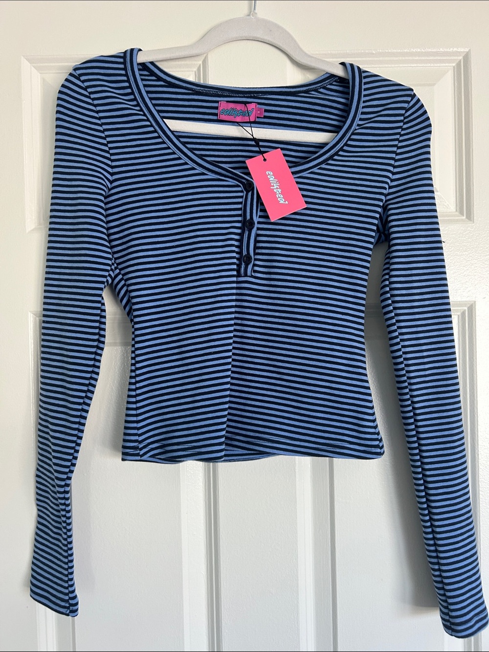 Edikted Blue and Black Striped Long-Sleeve Henley